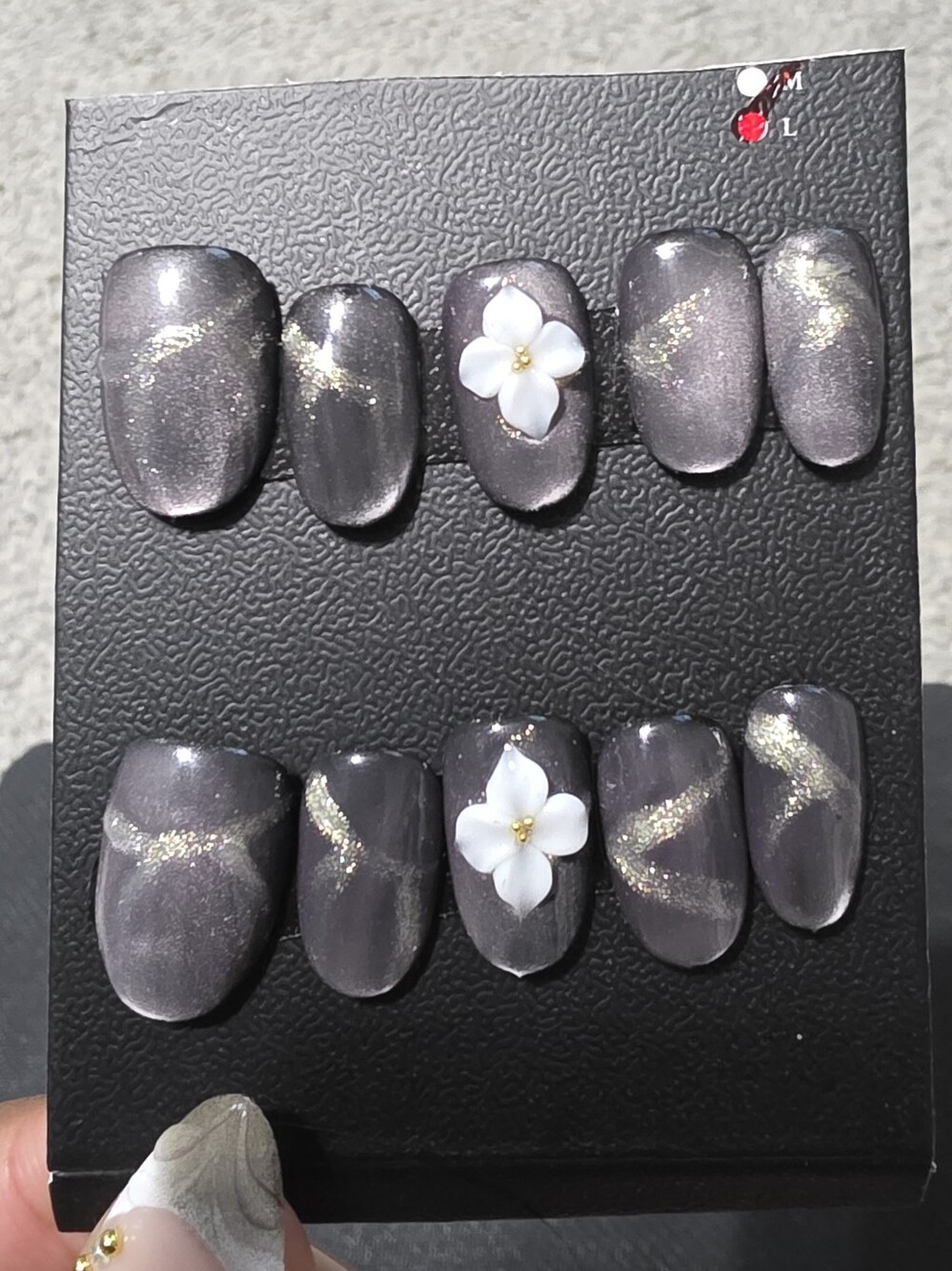 Elegant Charcoal Gray Press-On Nail Set with White Floral Accent
